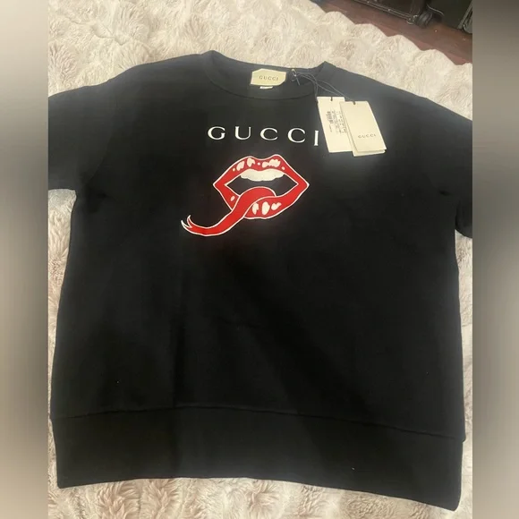 Gucci Lip and Logo Print Cotton Jersey Sweatshirt Sz S - Picture 6 of 10